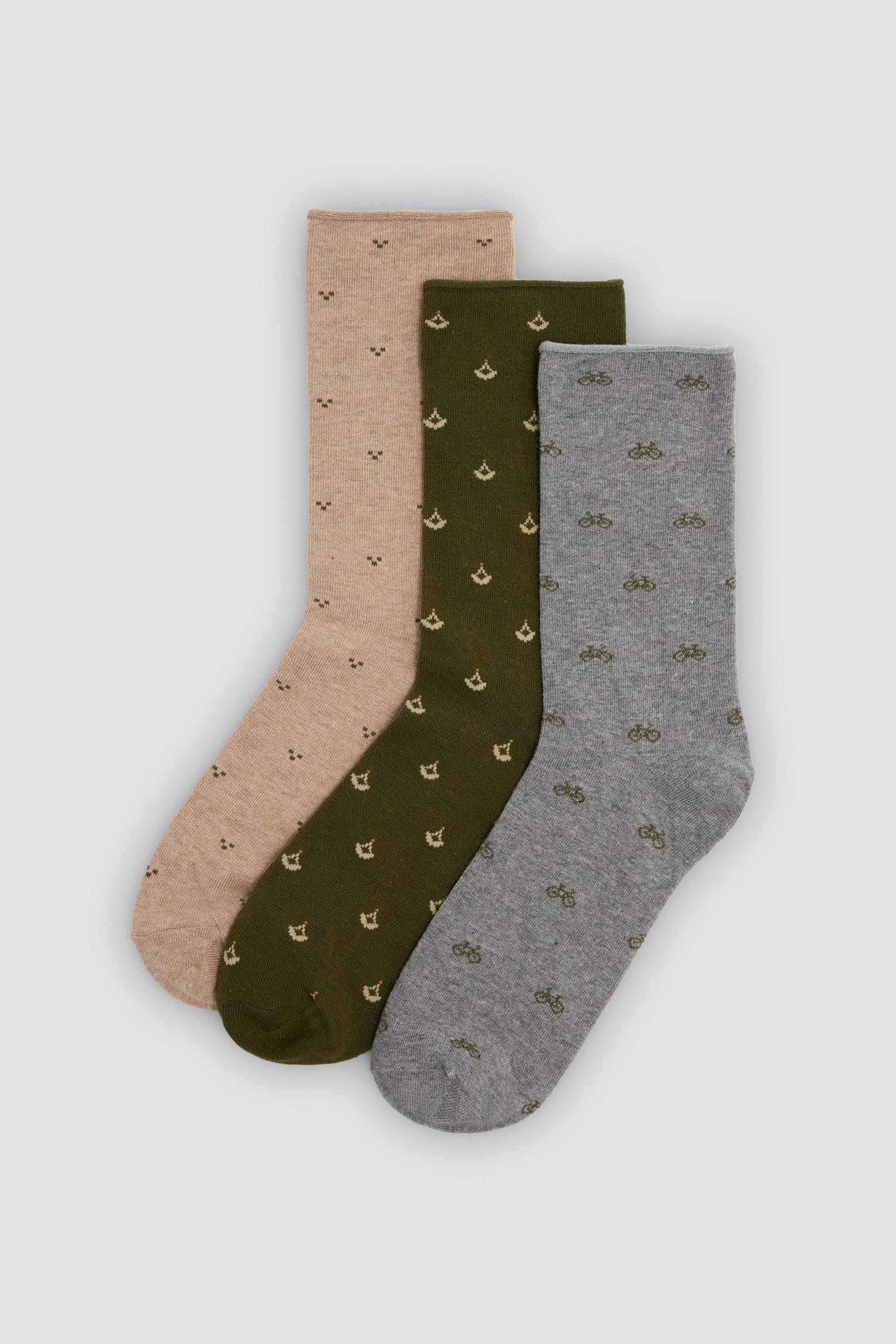 Pack 3 calcetines sin puño estampadoselementos minimal y bicicletas