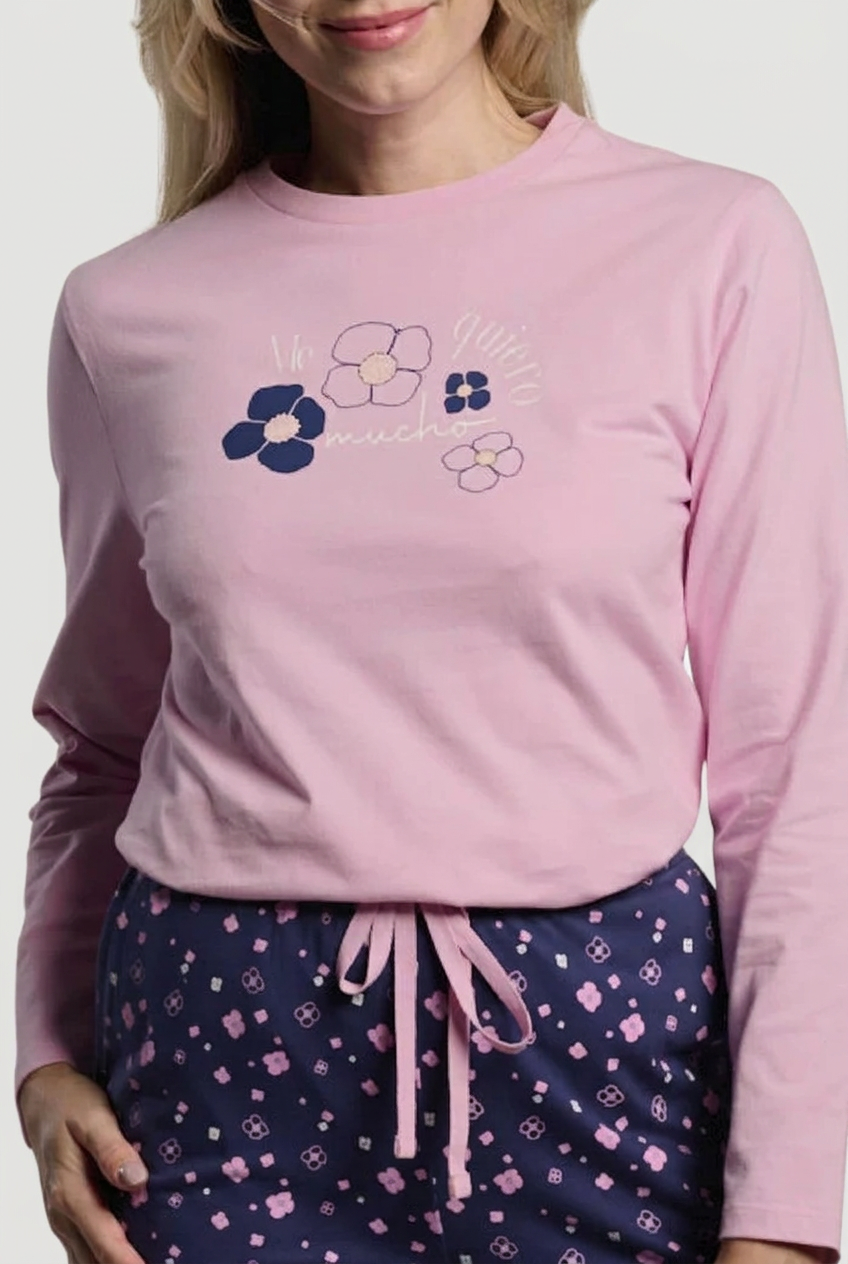 Pijama largo algodón mujer estampado flores