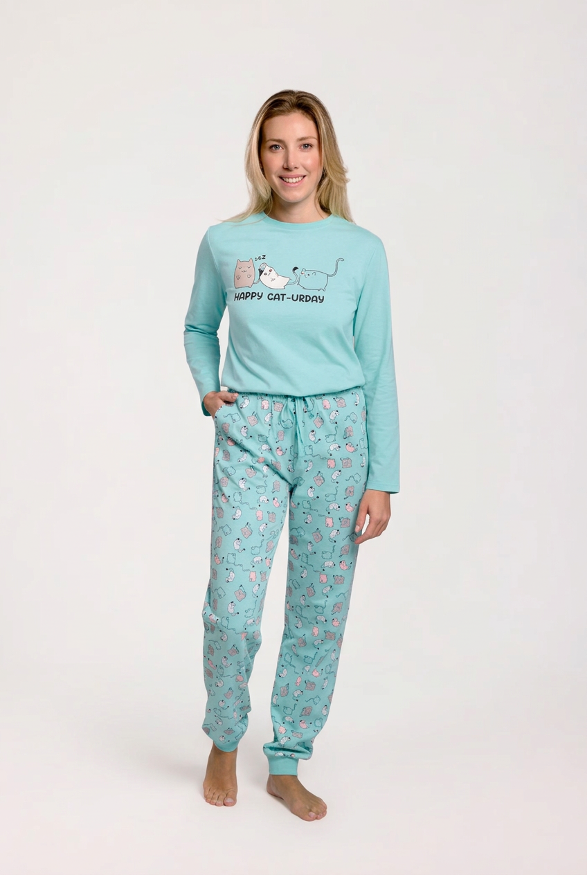 Pijama largo algodón mujer estampado gatos azul