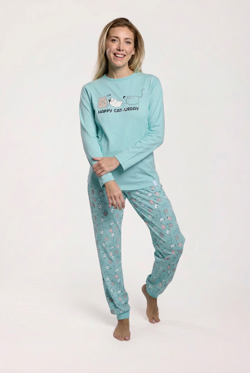 Pijama largo algodón mujer estampado gatos azul