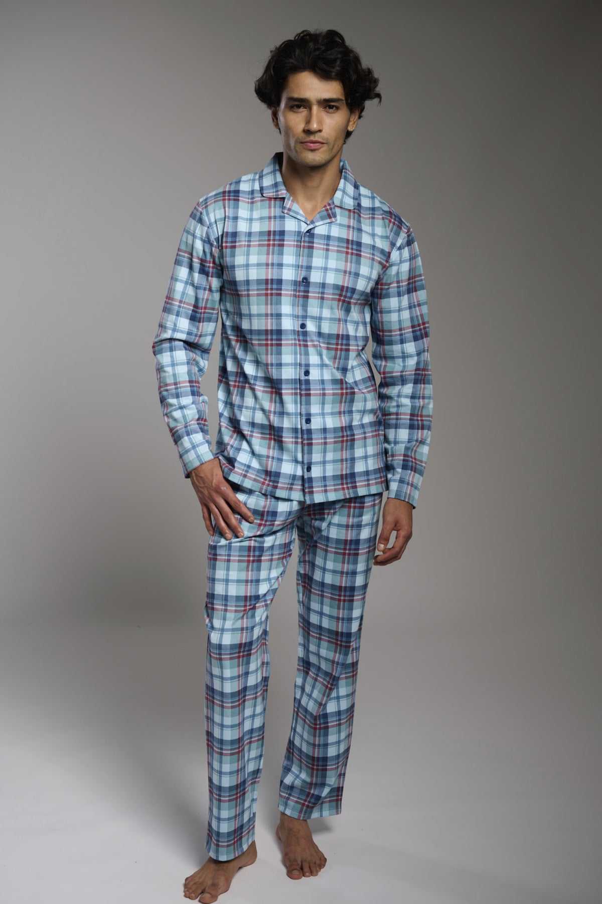 Pijama camisero largo hombre algodón cuadros