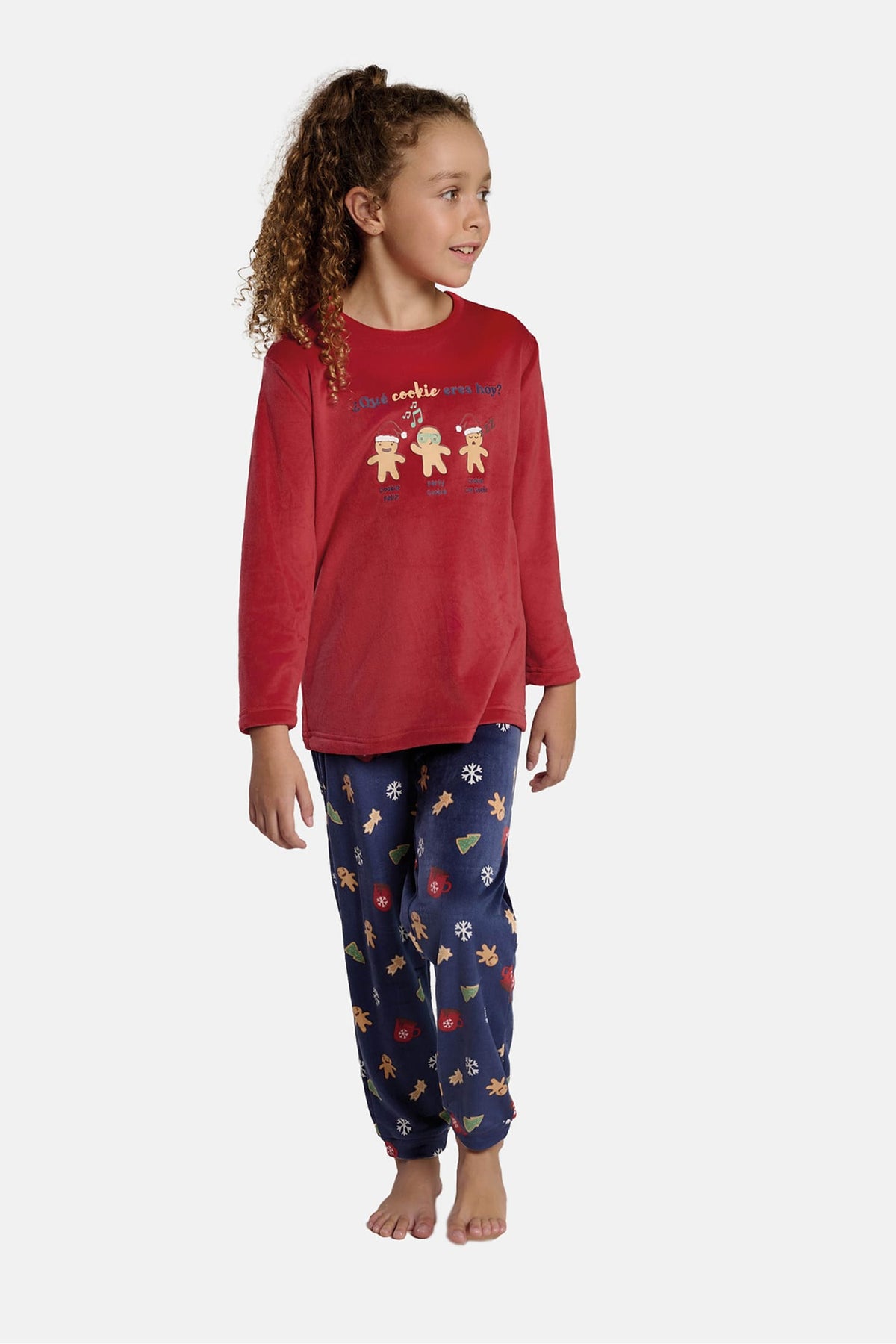Pijama largo infantil unisex terciopelo navidad estampado galletas de jengibre