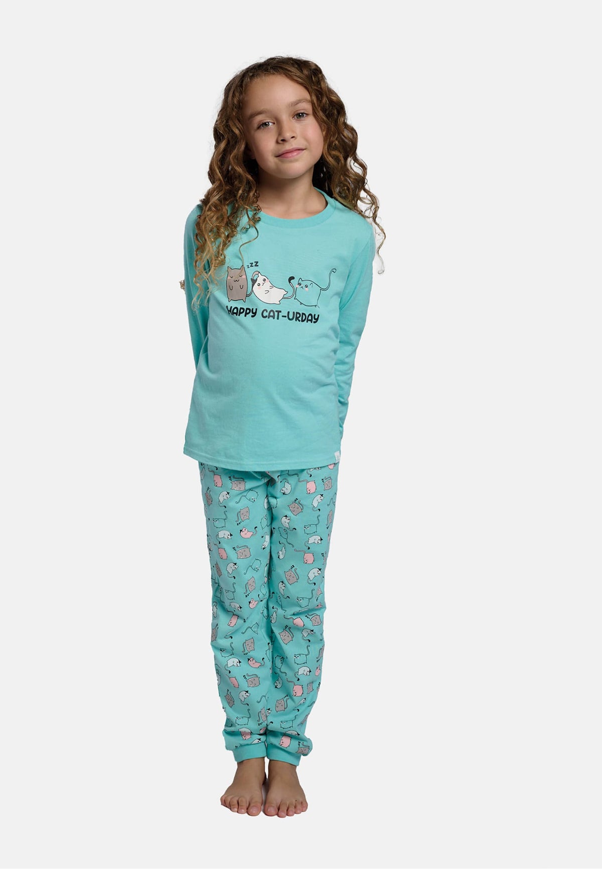 Pijama largo niña algodón estampado gatos Happy cat-urday