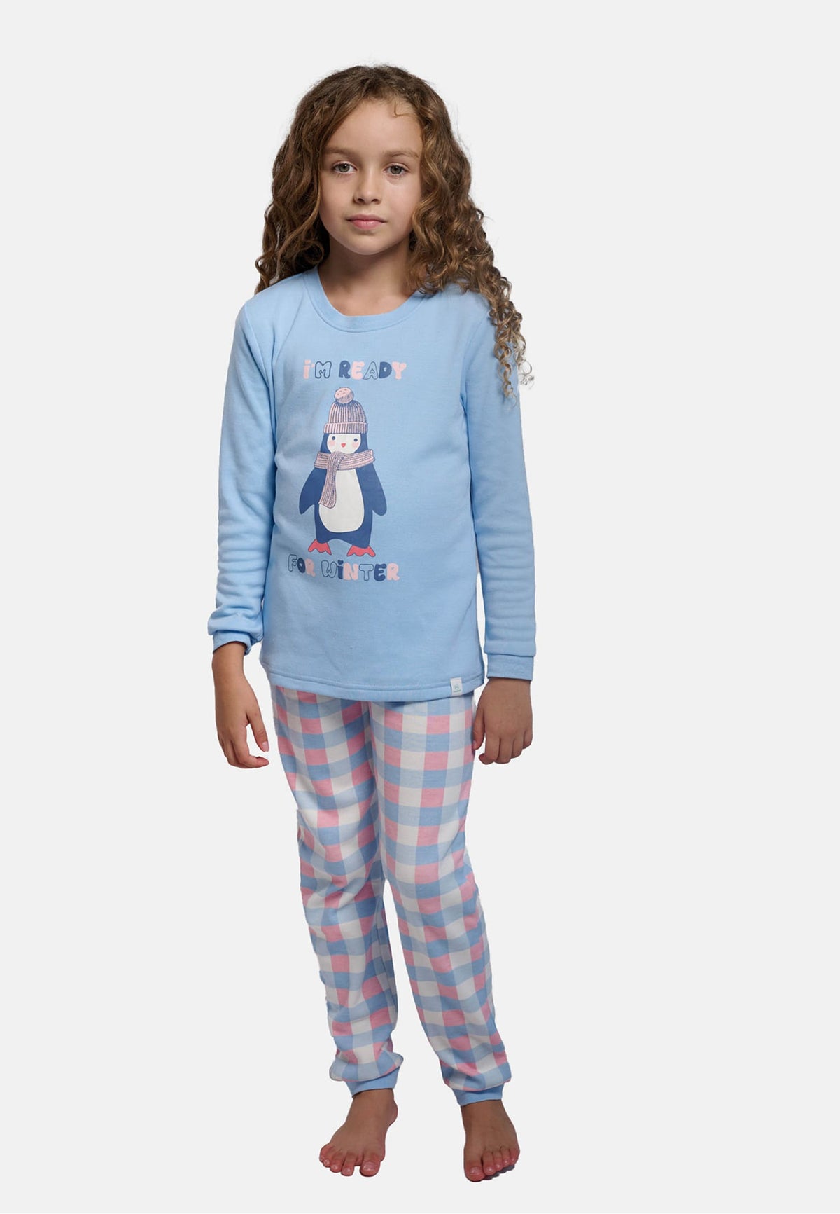 Pijama largo niña afelpado dibujo pingüino I'm ready for winter estampado cuadros