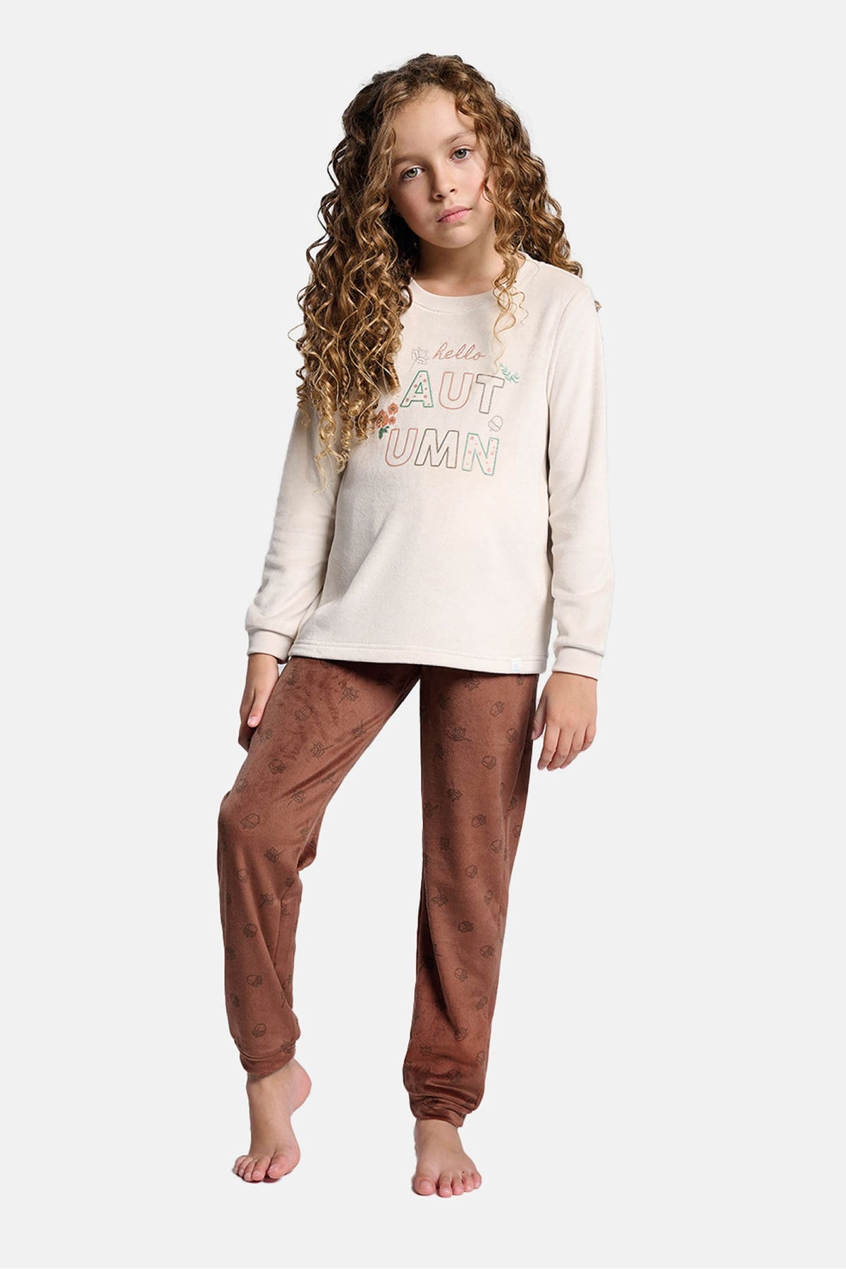 Pijama largo niña terciopelo Hello Autumn estampado bellotas