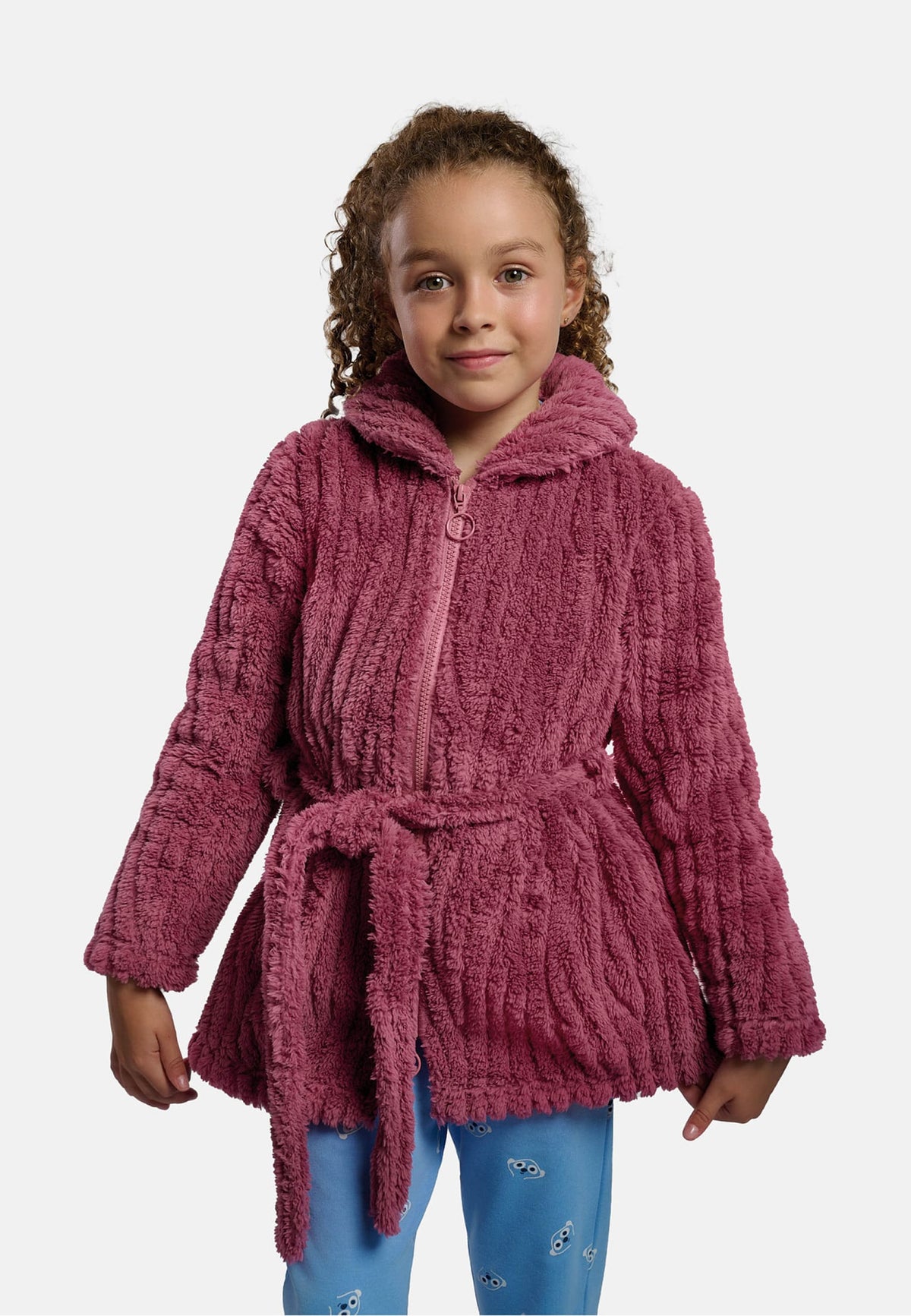 Bata infantil polar coralina niña con cuello y relieve rosa