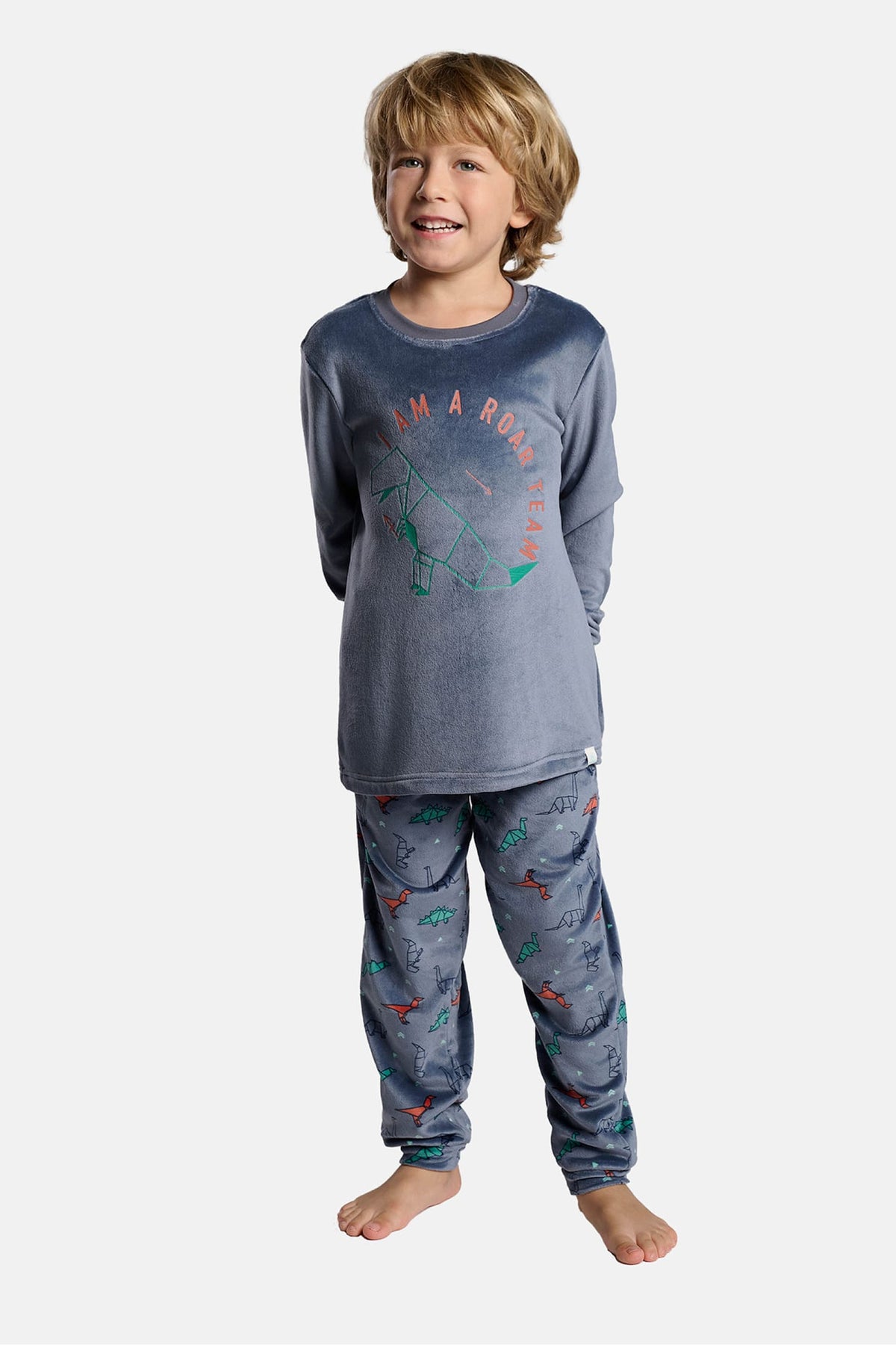Pijama largo niño terciopelo I am a roar team estampado dinosaurios