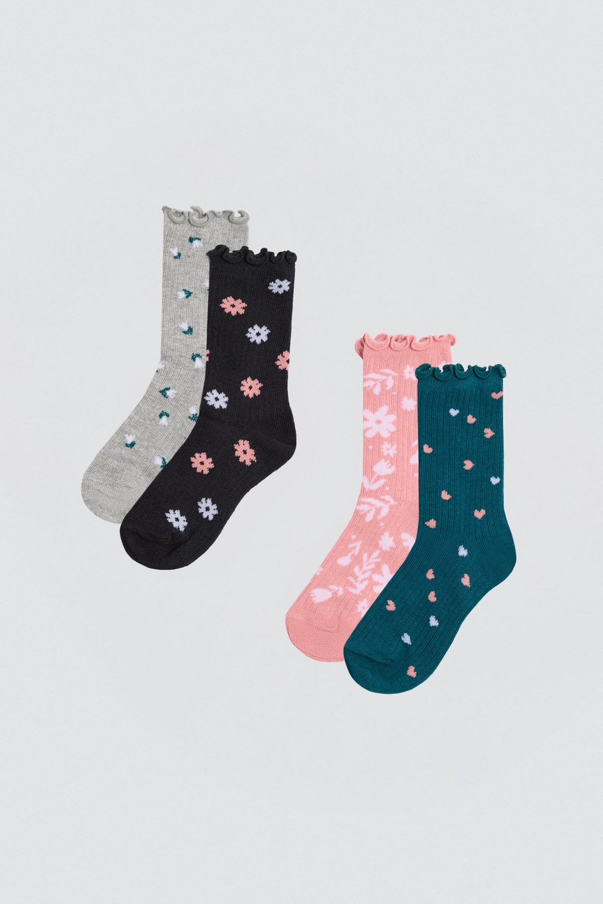 Pack 4 calcetines niña puño ondulado estampado flores
