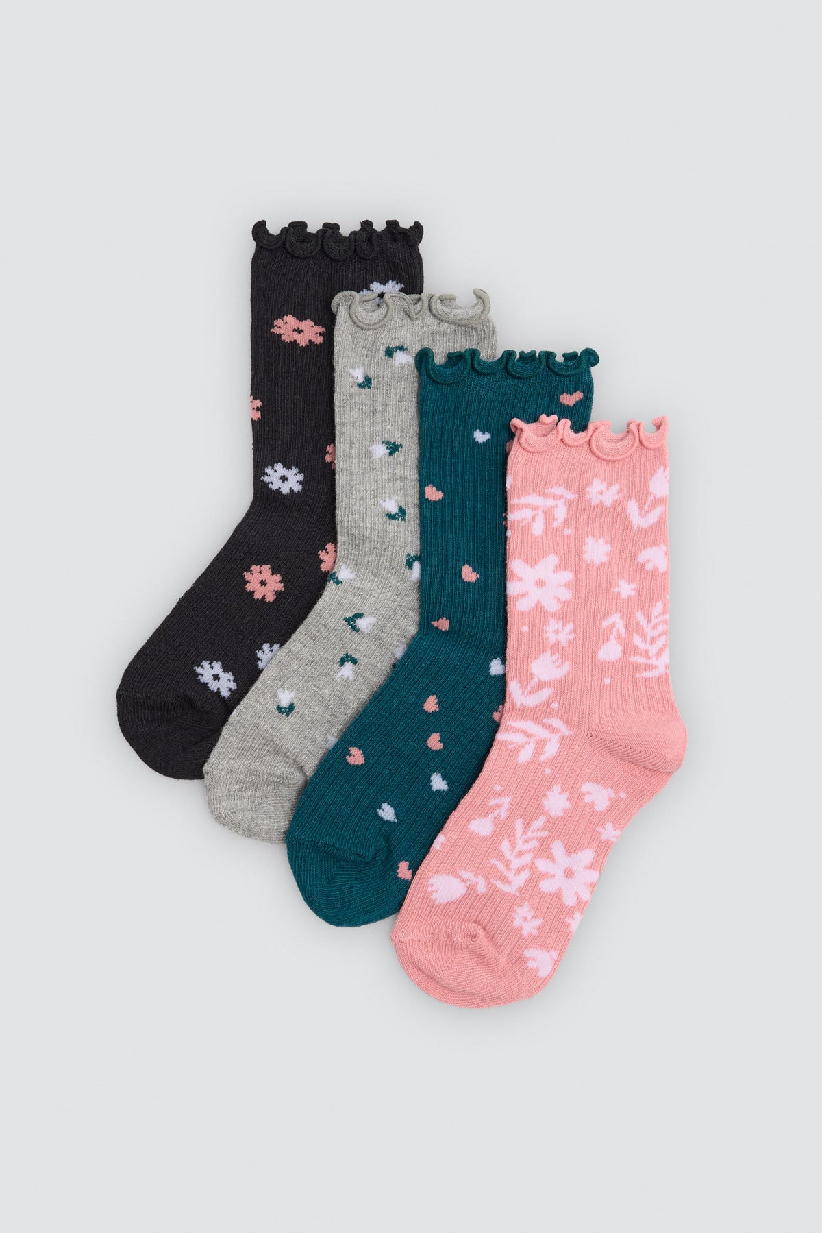 Pack 4 calcetines niña puño ondulado estampado flores