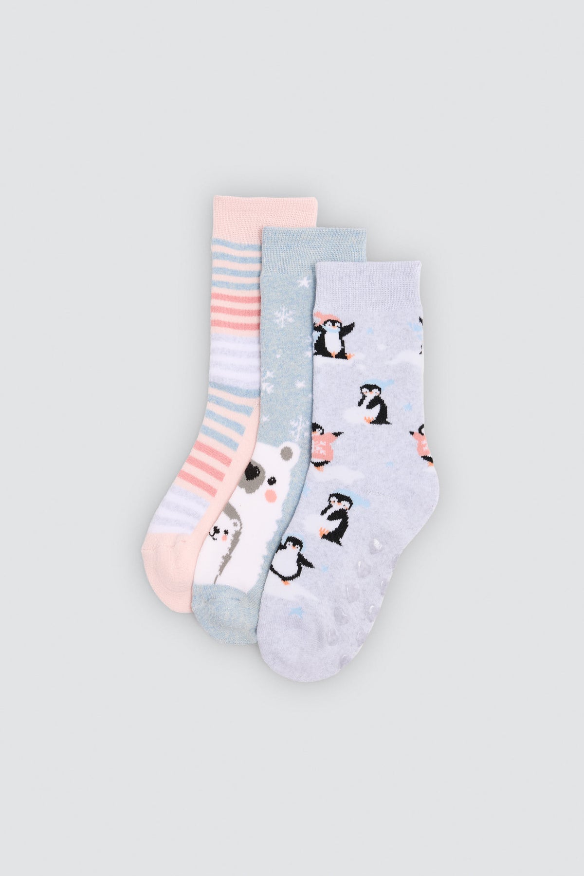 Pack 3 calcetines niña térmicos algodón antideslizantes estampado osos y pingüinos