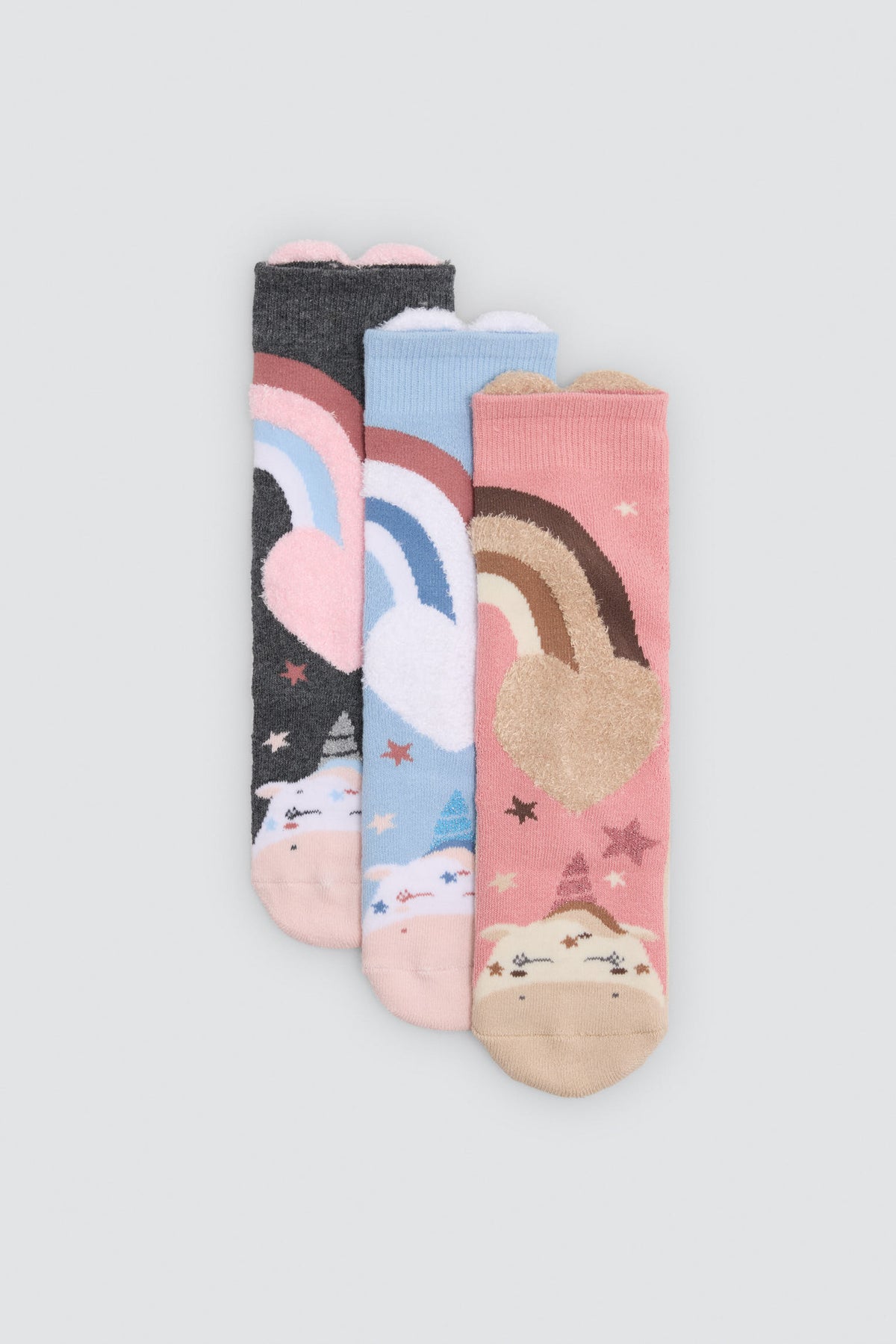 Pack 3 calcetines niña térmicos algodón antidelizantes estampado unicornios y arcoiris