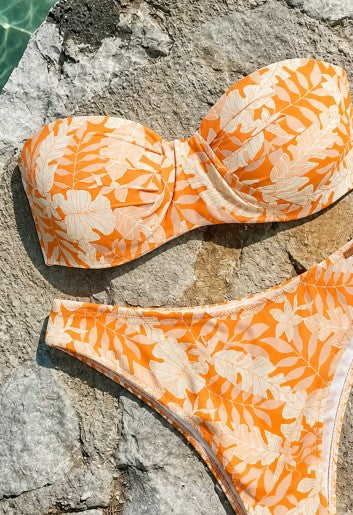 Top bikini bandeau hojas micropiqué naranja copa B