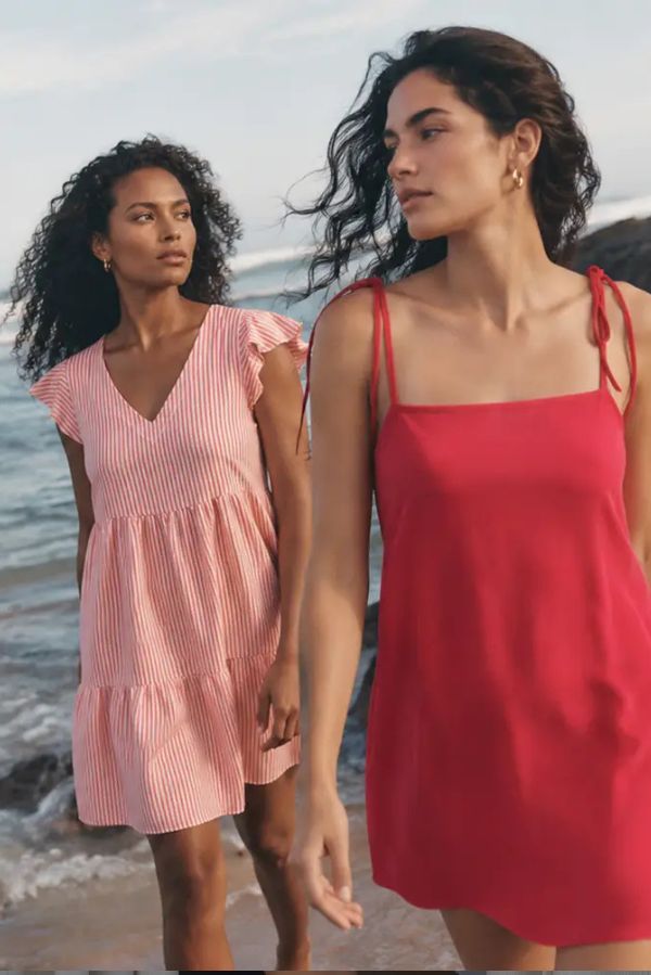 Vestido corto paneles bambula rayas rosa
