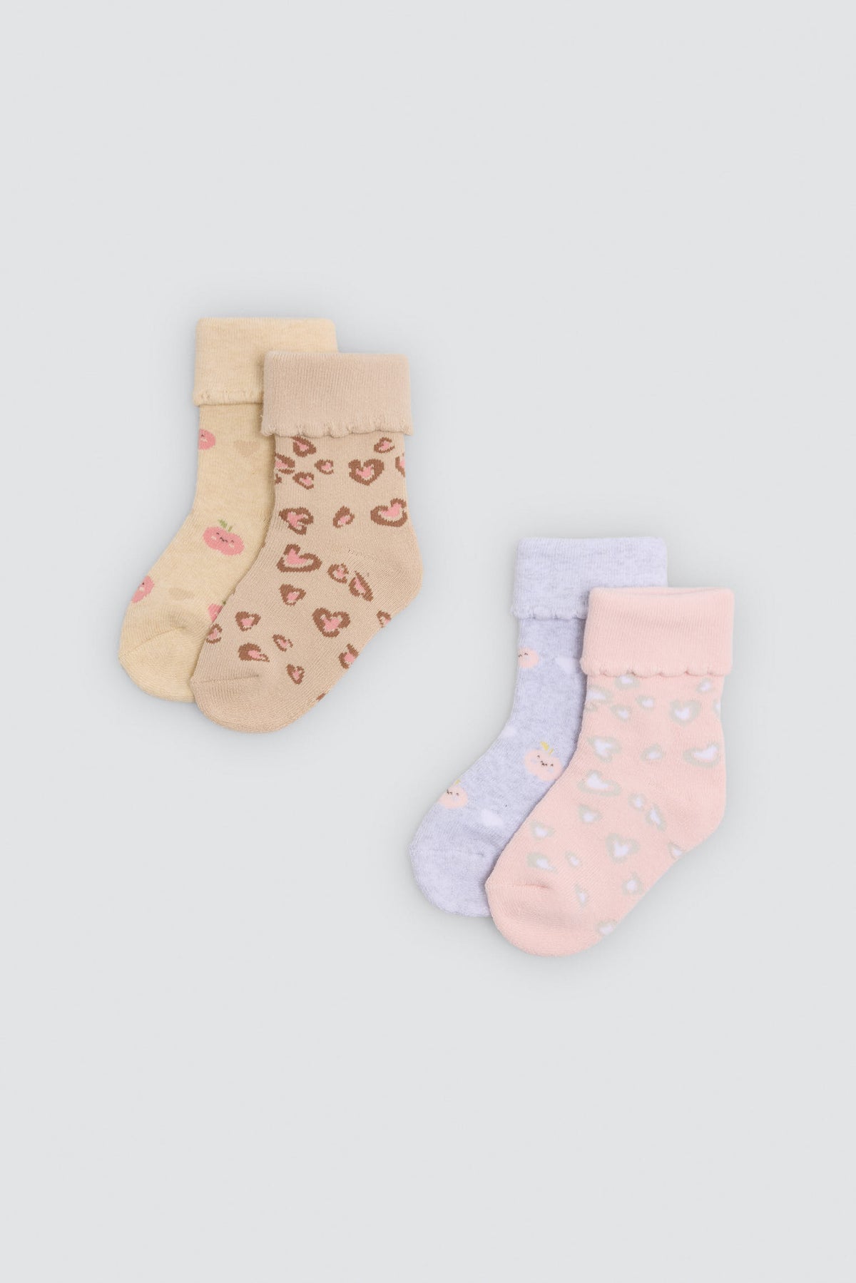 Pack 4 calcetines bebé térmicos puño doblado algodón estampado frutas y corazones