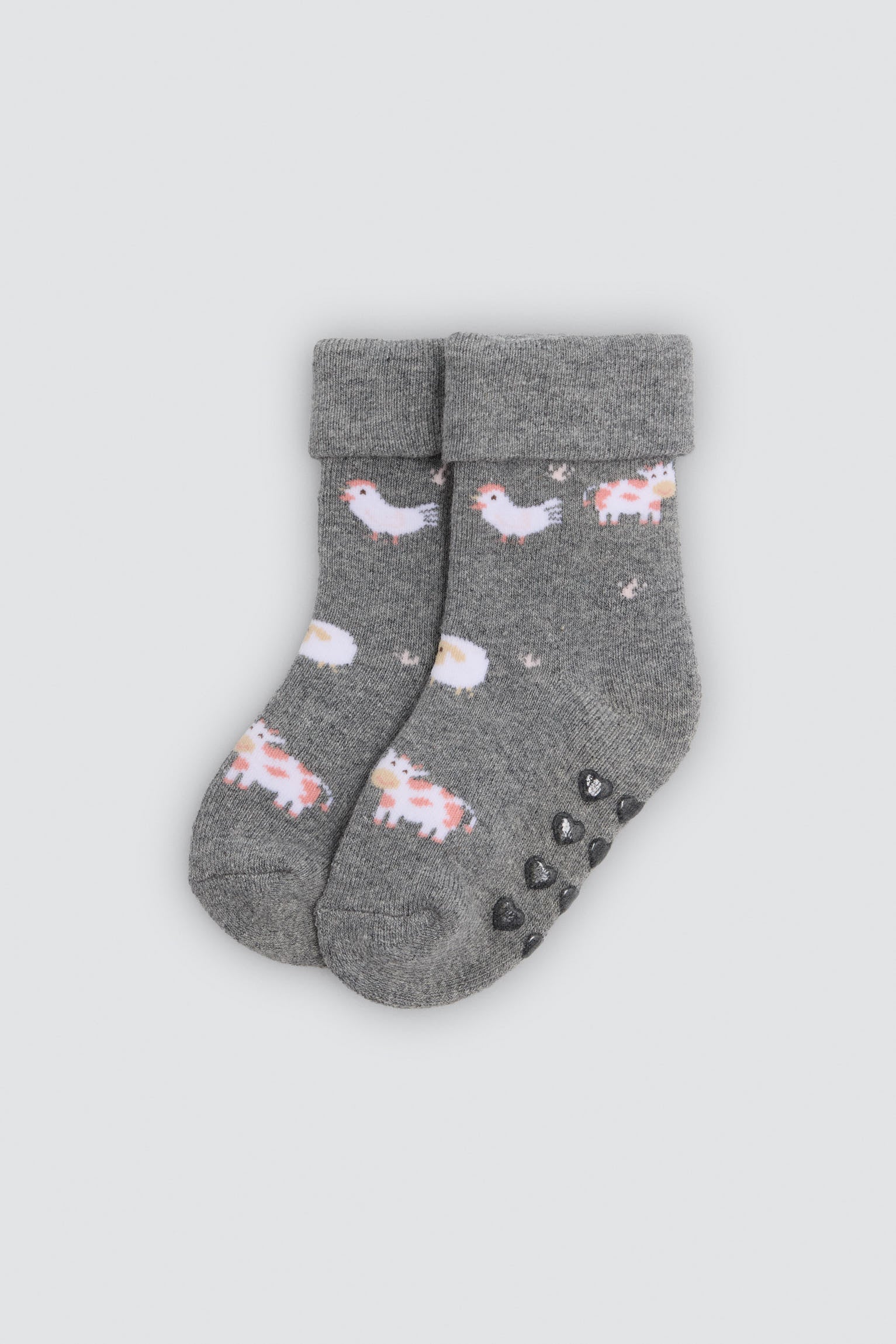 Pack 4 calcetines bebé térmicos antideslizantes doble puño estampado vacas y patos