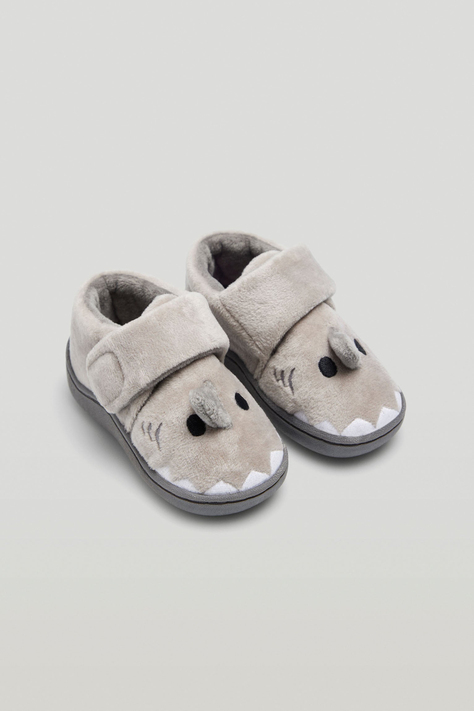 Gray baby house slippers with hook-and-loop closure