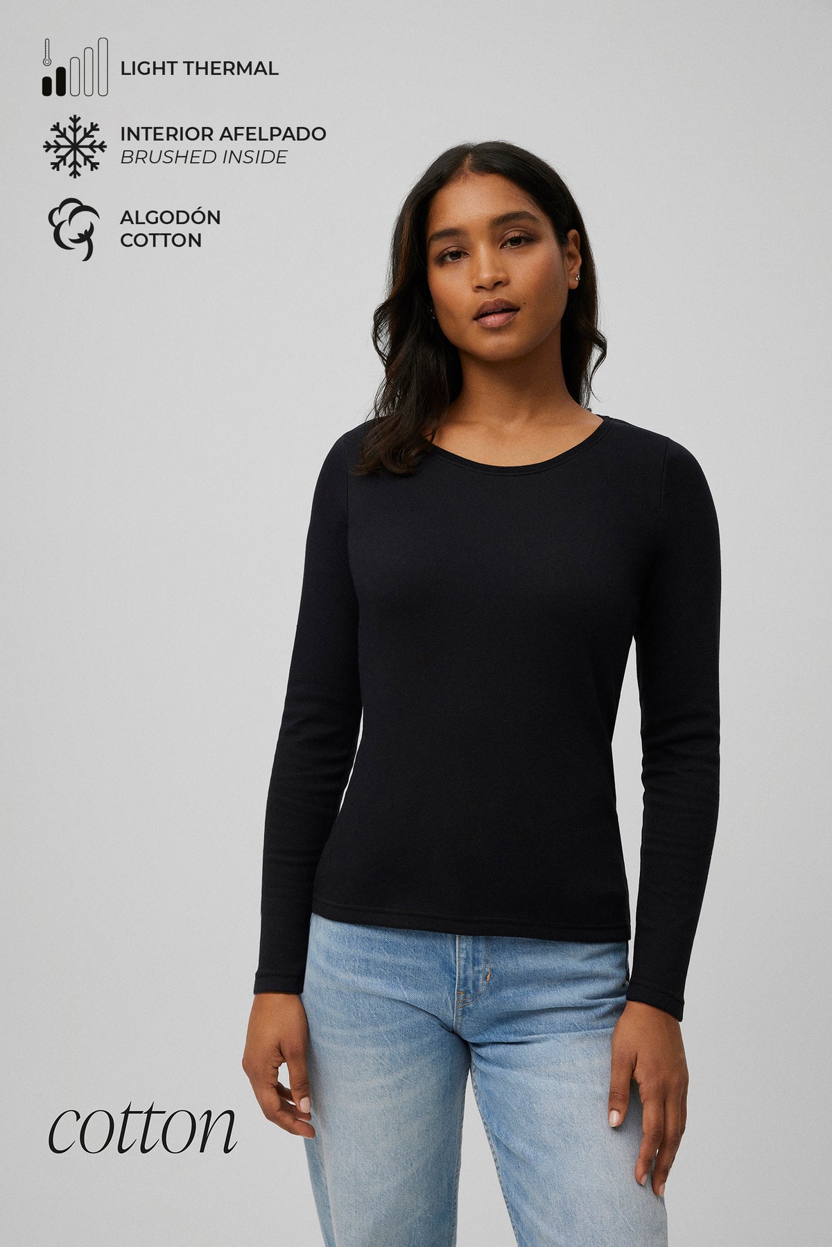 TÉRMICO LIGERO Camiseta algodón manga larga cuello redondo negro