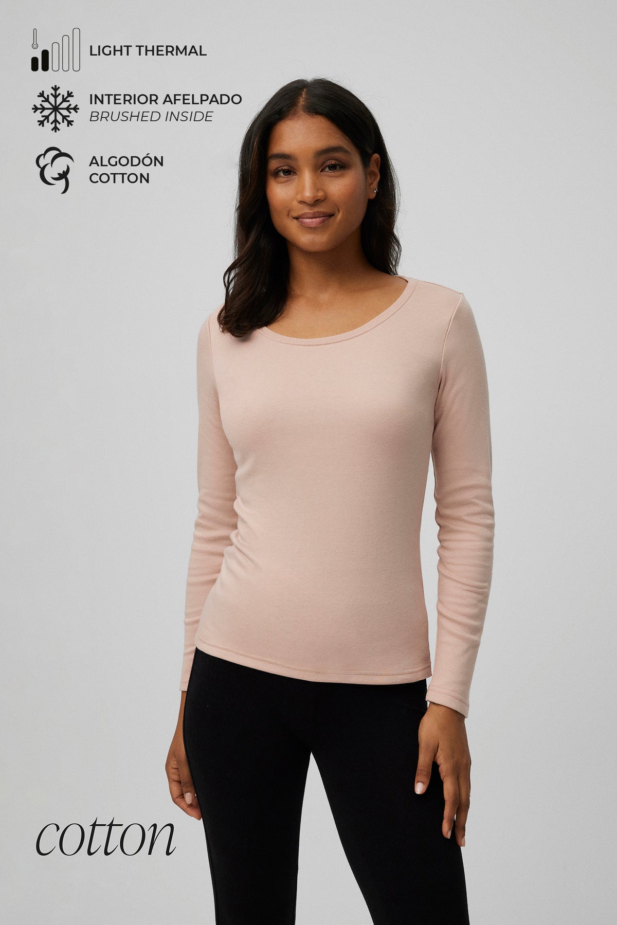 TÉRMICO LIGERO Camiseta algodón manga larga cuello redondo nude