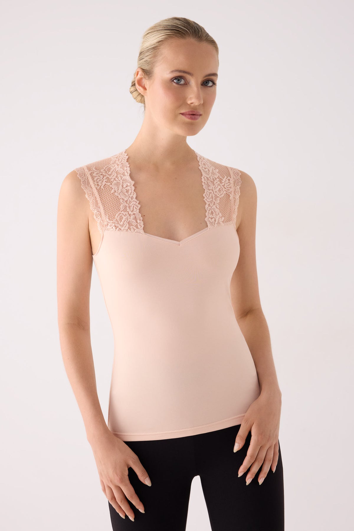 TÉRMICO Camiseta mujer sin mangas con encaje beige