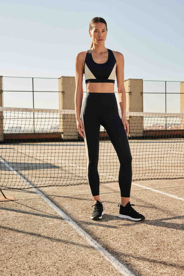 Black color block long leggings & bra sports set