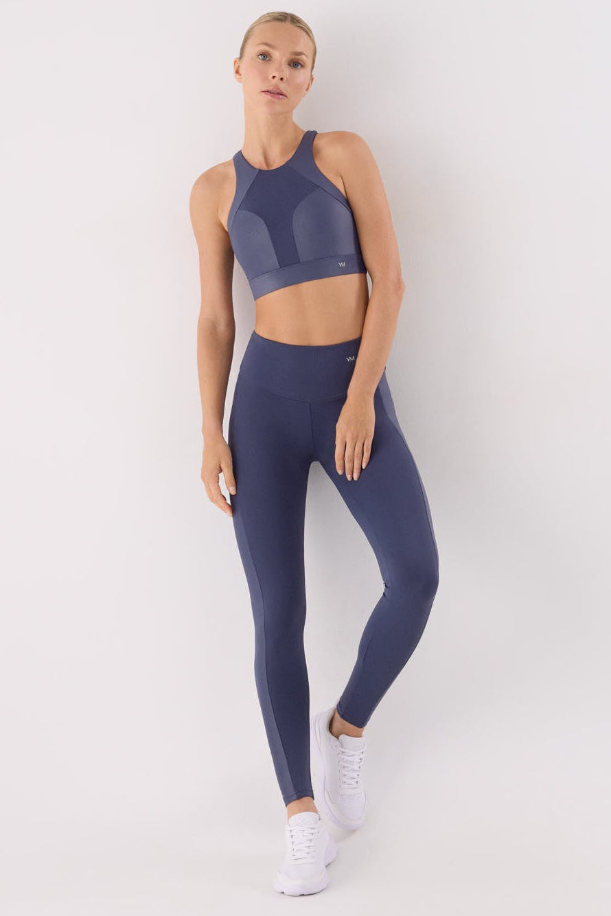 leggings deportivos pitillo con efecto metalizado gimnasio en azul noche look completo para deporte comodidad tiro alto bolsillo interior