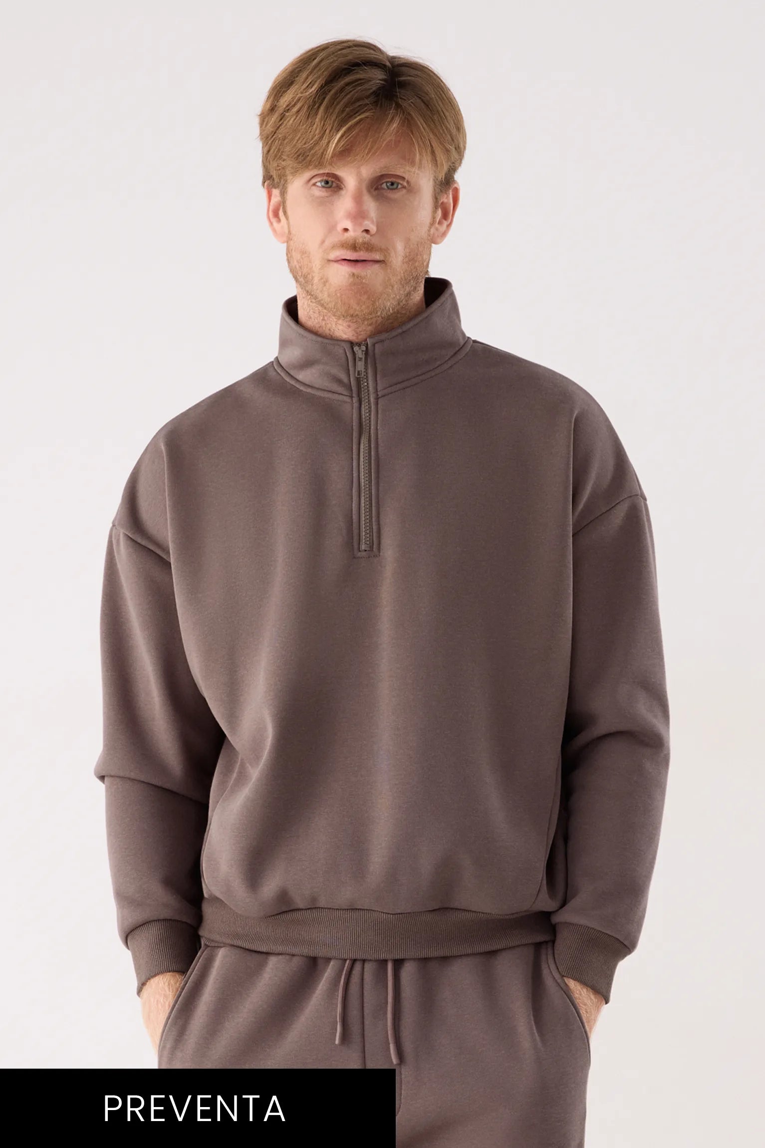 PREVENTA Sudadera deportiva hombre afelpada semi cremallera marrón