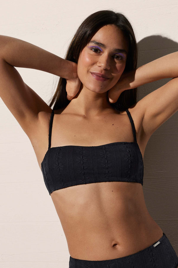 Black floral texture bandeau bikini top with adjustable straps