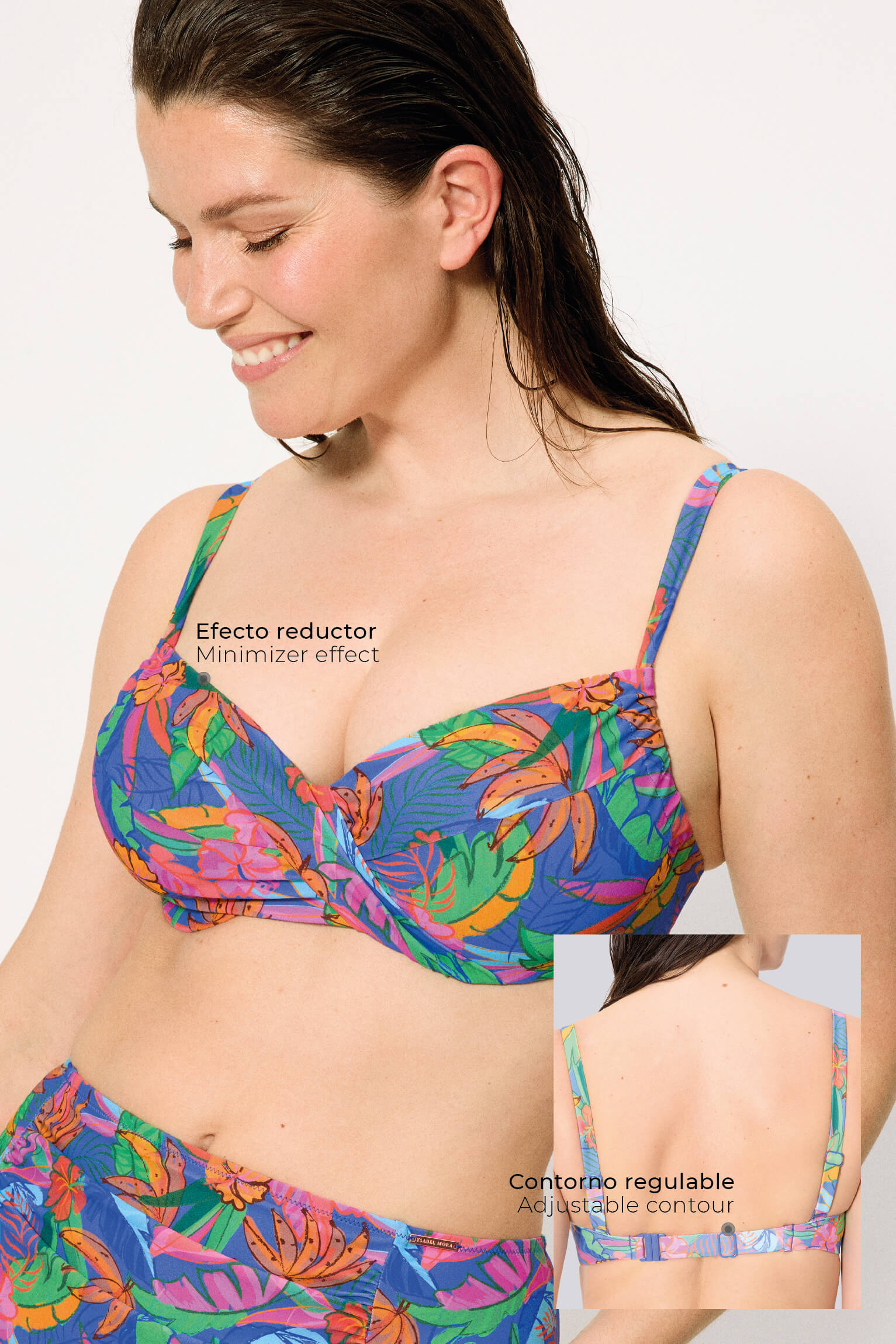 Top bikini reductor contorno regulable estampado tropical copas C y D