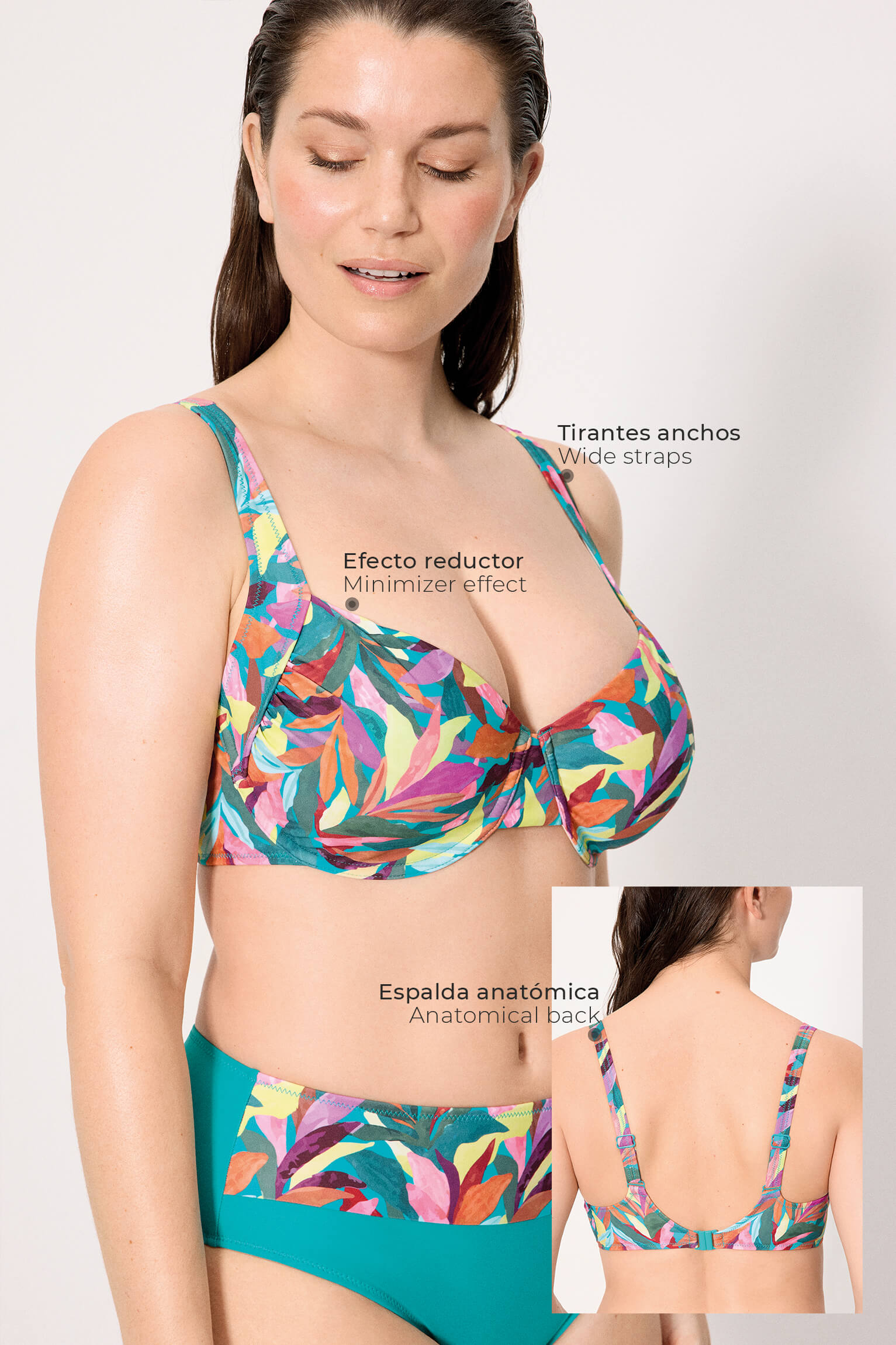 Top bikini reductor estampado hojas copas D y E