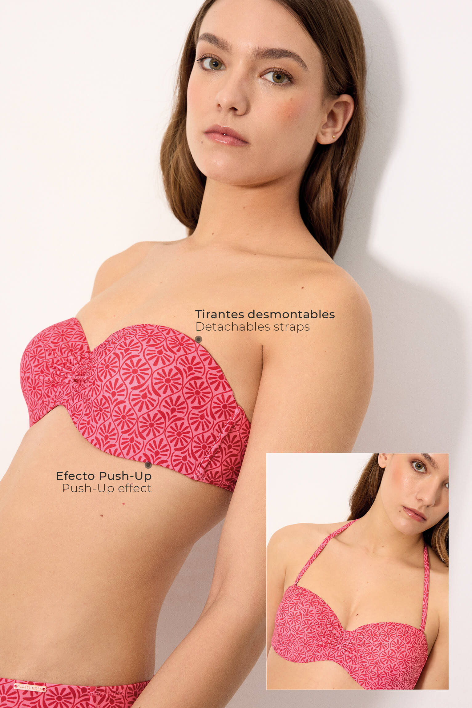 Top bikini bandeau push-up flores rosa y rojo copa B