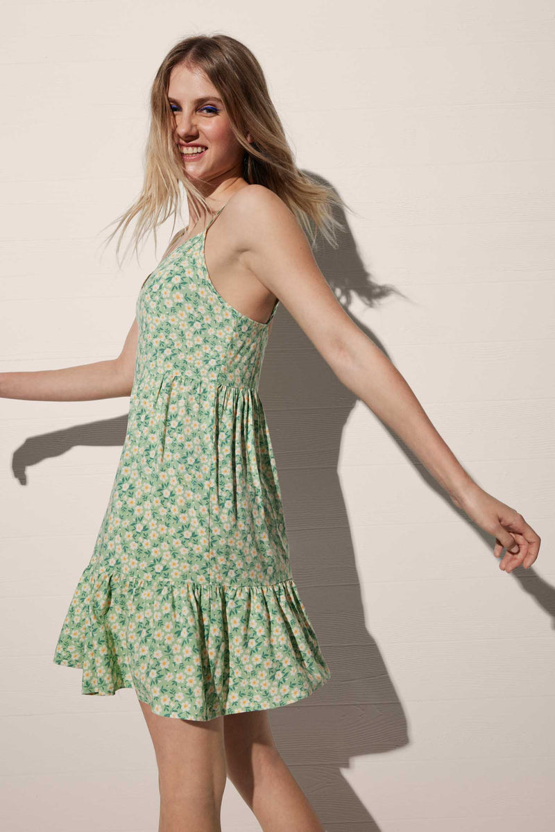 Green Floral Print Loose Short Tank Dress