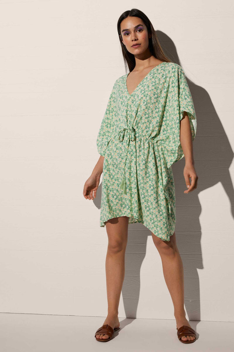 Green floral print kaftan with bow and knot on the back