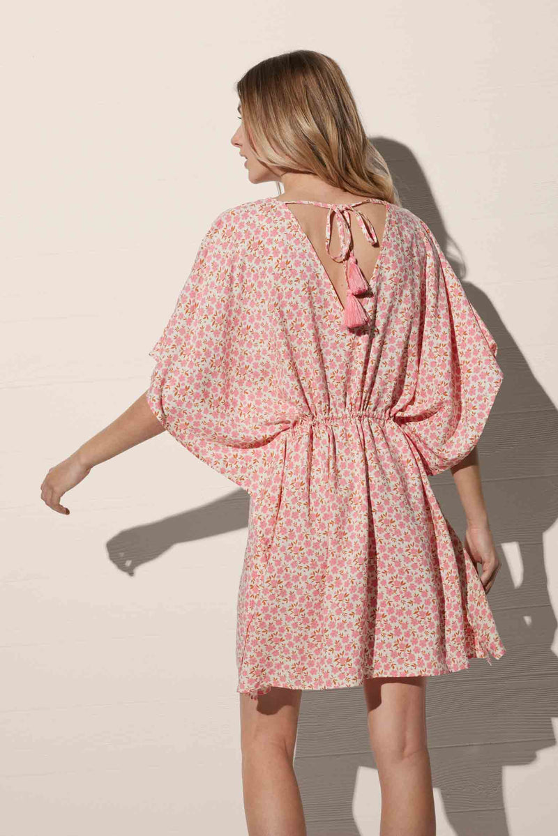 Pink floral print kaftan with bow and knot on the back