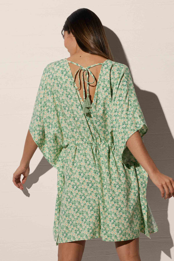 Green floral print kaftan with bow and knot on the back