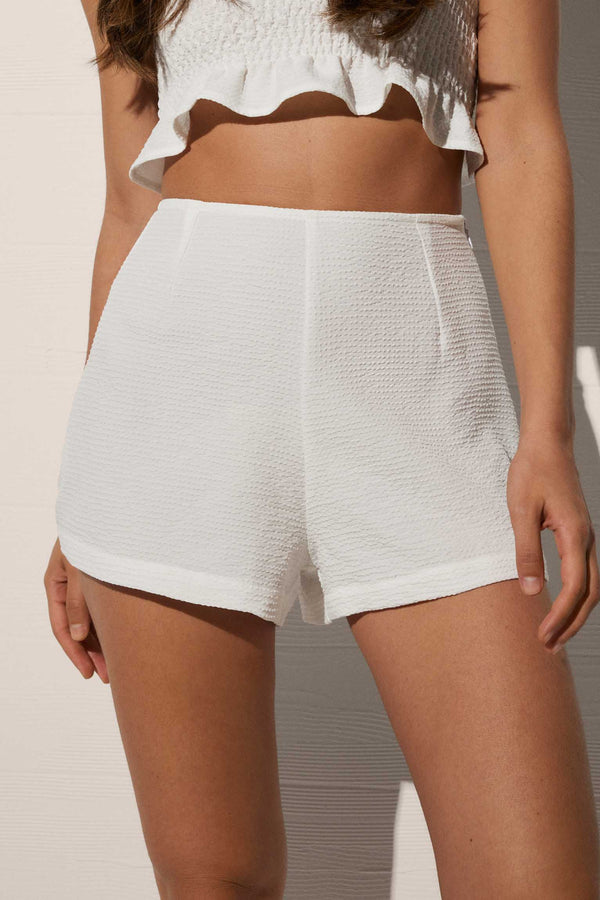 White Plain Textured Fabric Shorts