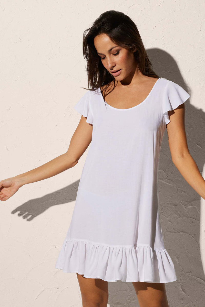 Short plain white beach dress with white knot at the back