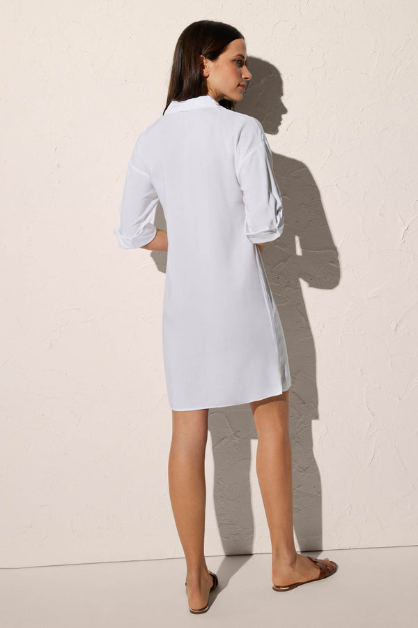 Short white half-sleeve beach dress with white buttons