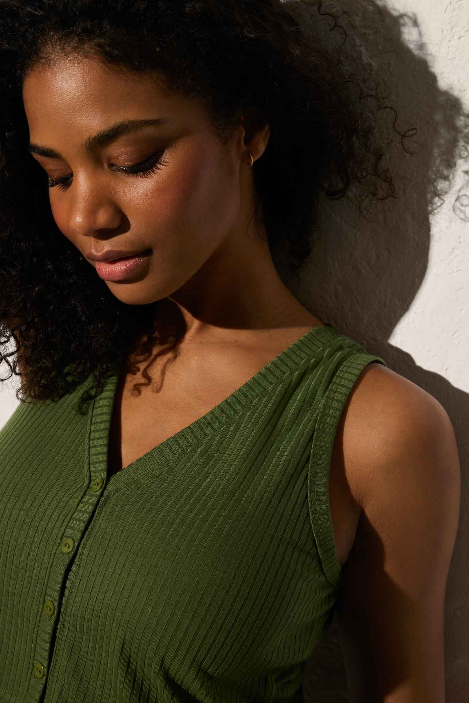 Green V-neck button detail short tank top