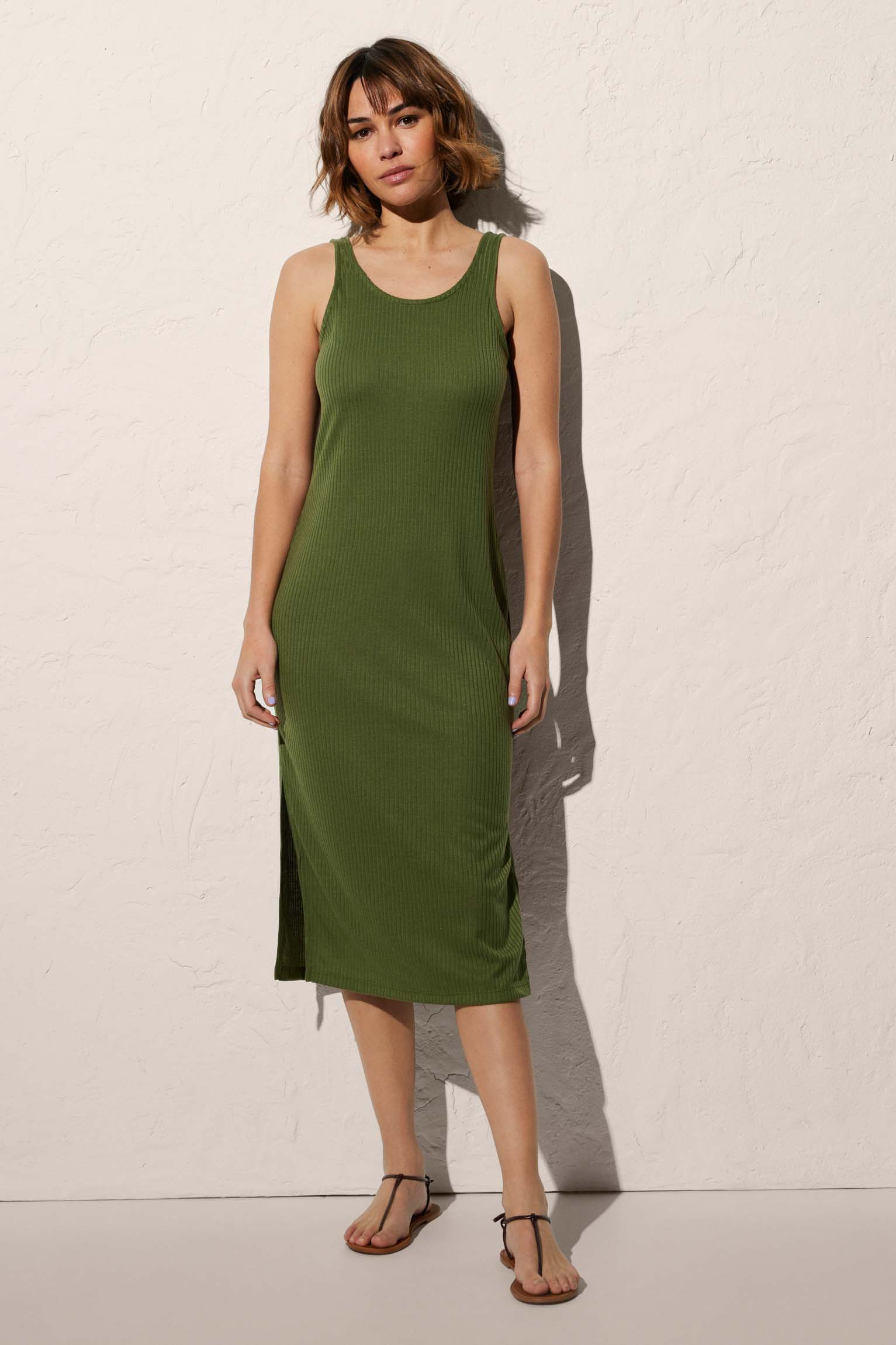 Dark Green Slit Round Neck Long Beach Dress