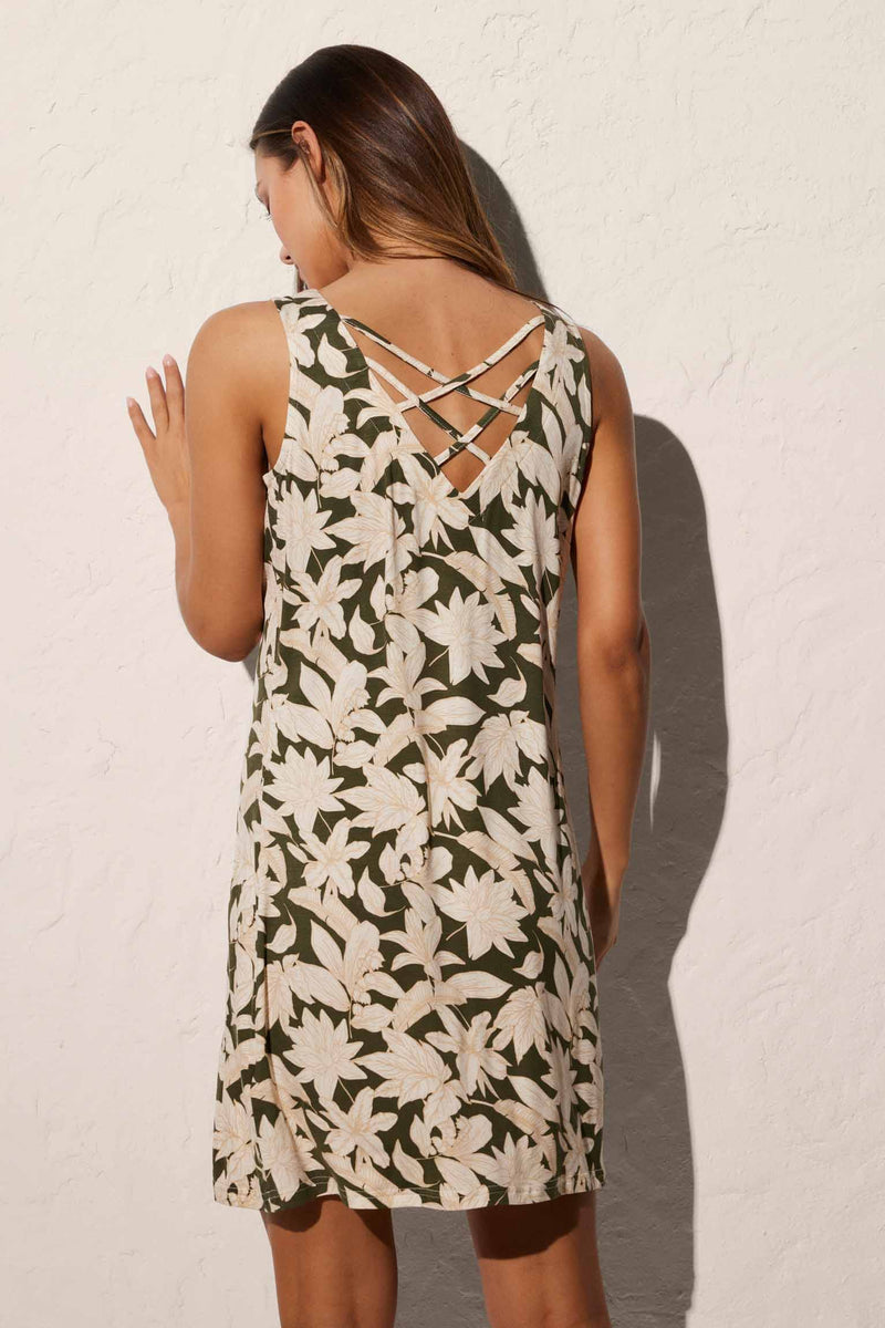 Short floral print beach dress with cross back