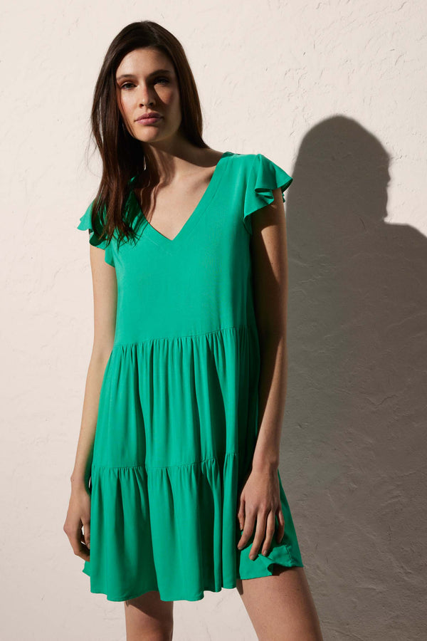 Green Ruffle Short Sleeve Short Beach Dress