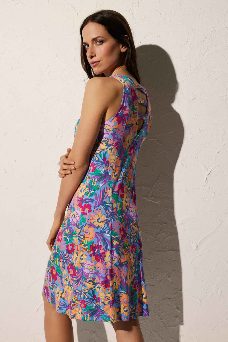 Floral print strapless knee-length beach dress