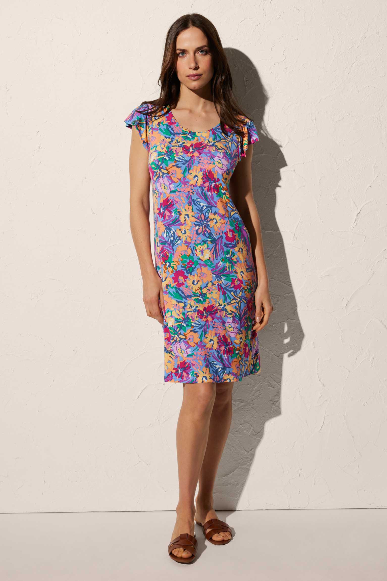 Vestido de playa largo rodilla de manga corta estampado floral