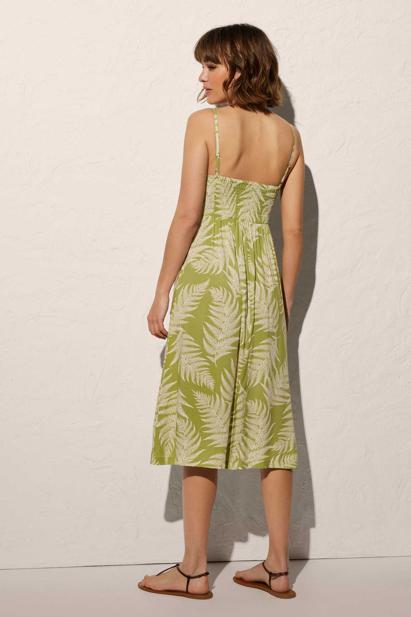 Tropical print knee-length beach dress with buttons