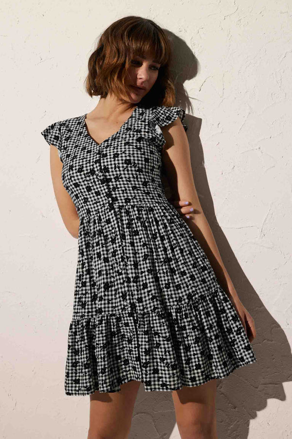 Black checkered and flower printed short beach dress