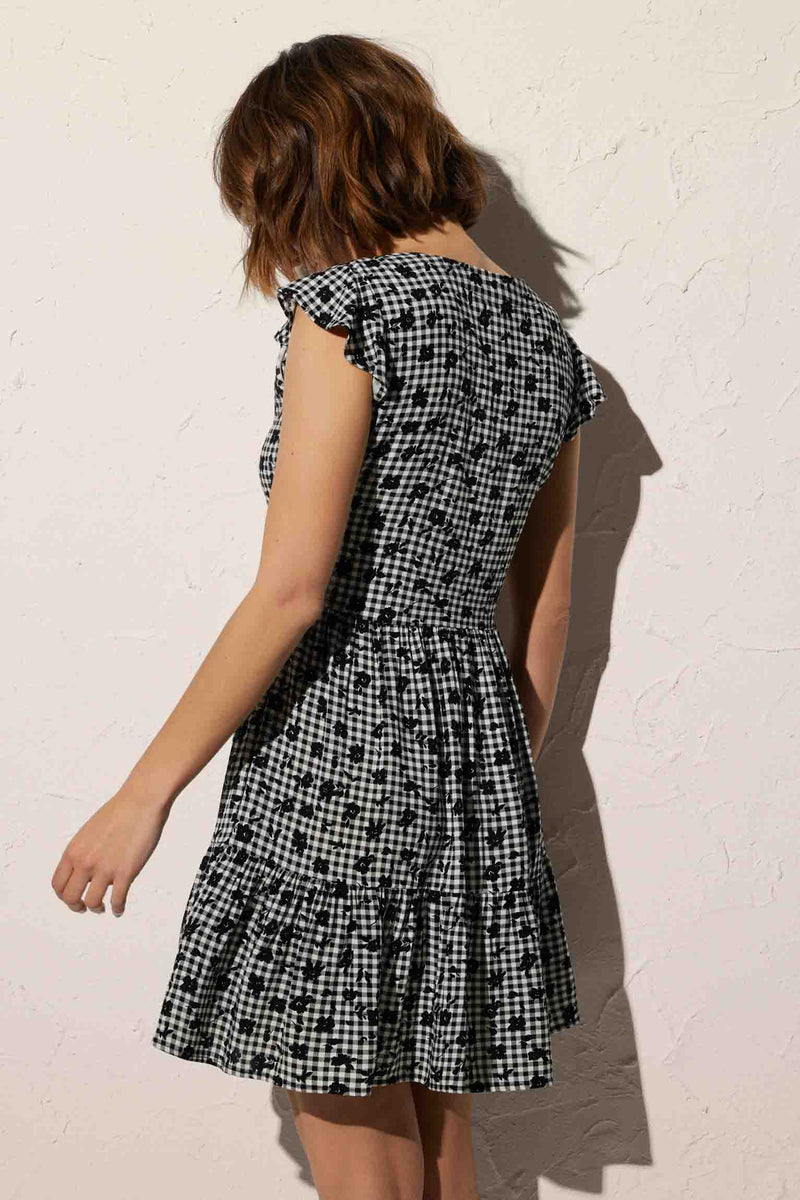 Black checkered and flower printed short beach dress