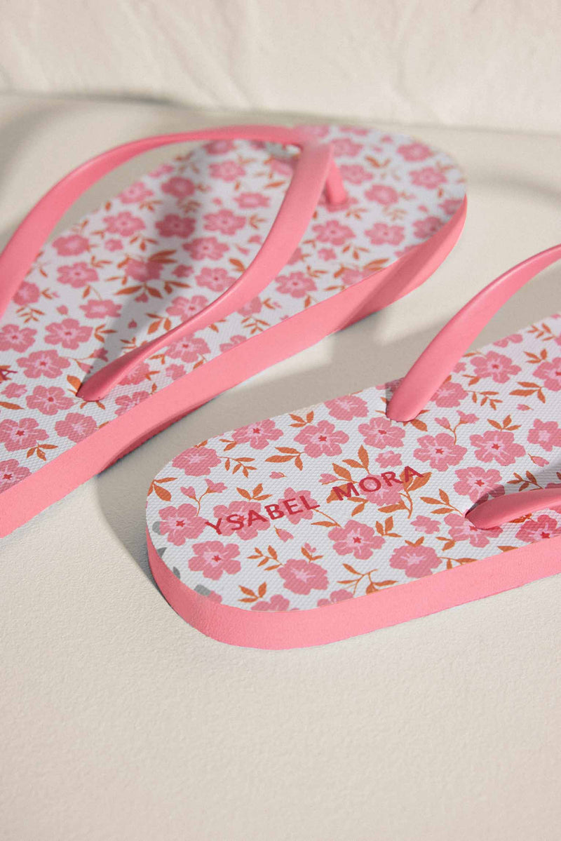 Pink Floral Print Flat Beach Flip Flops