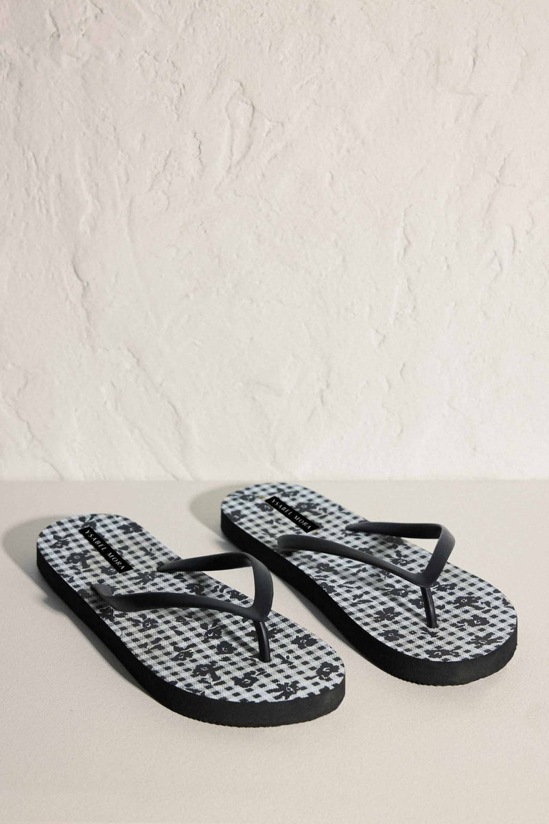 Gingham and floral flat beach flip flops for women