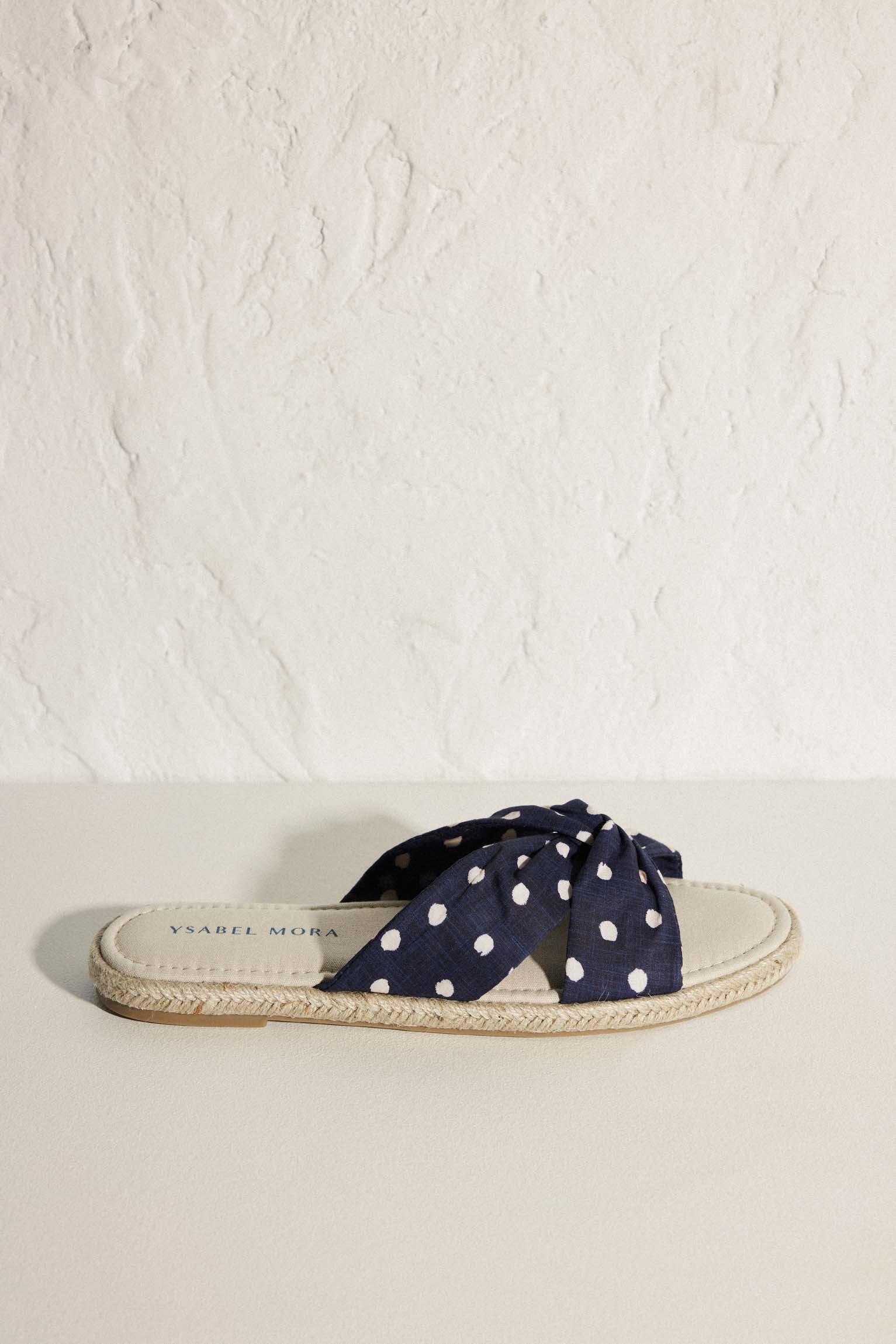 Polka dot print flat sandals with navy comfort insole