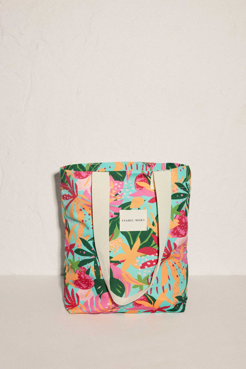Beach bag with tropical print and interior pocket